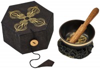 Singing bowl, cast metal, black coated, ornamented, gift set, Ø 7cm